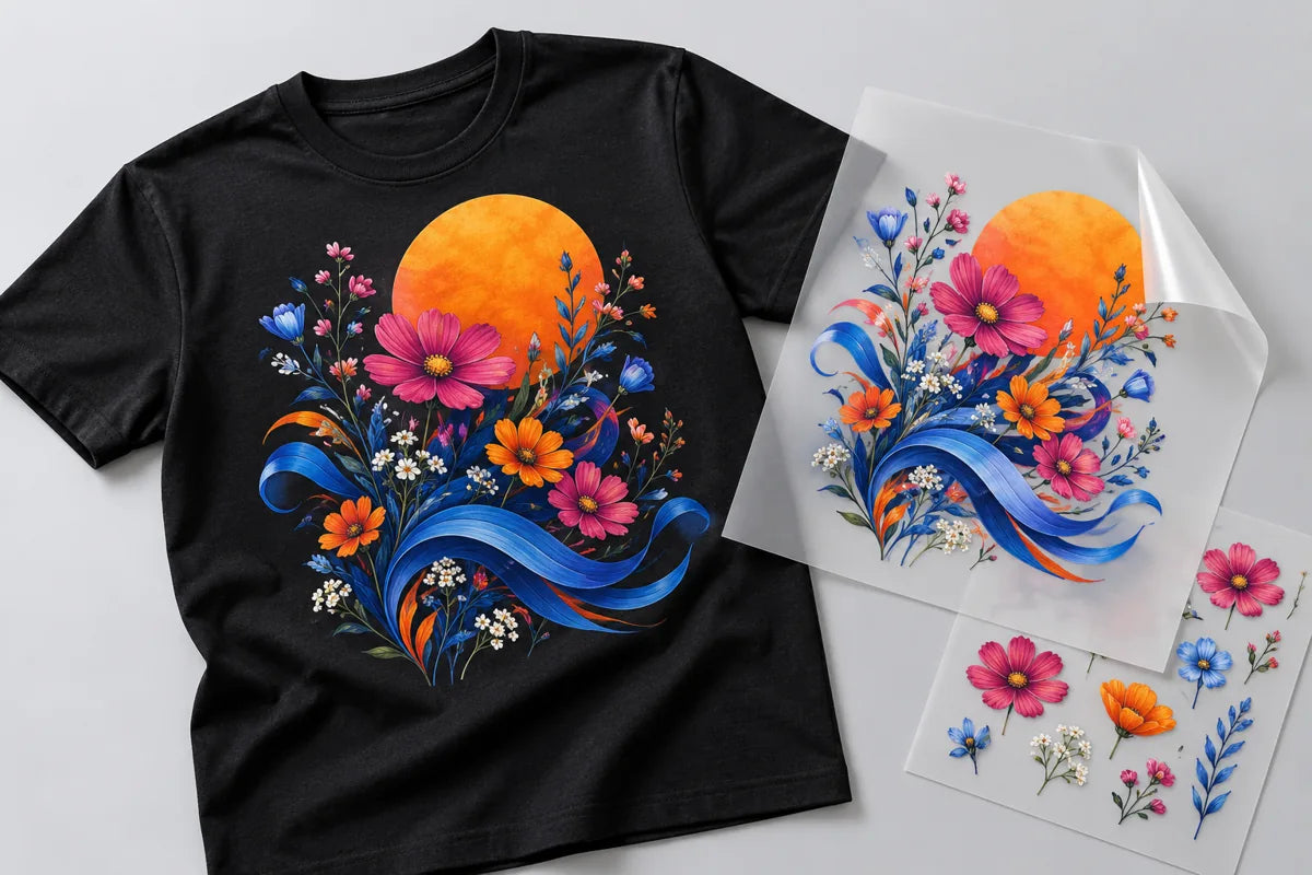 Product mockup of a black shirt and DTF transfer film with colorful floral artwork